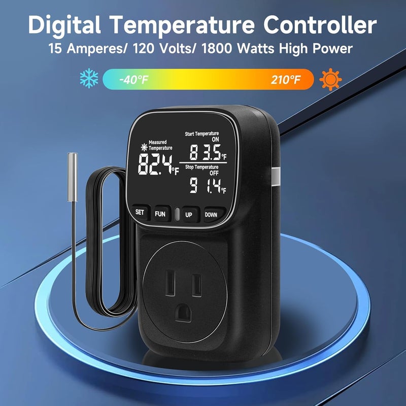Comyan Temperature Controlled Outlet , 15A/1800W Digital Thermostat Outlet, Cyclic Timing/Countdown, -40℉~210℉ VA Display Heating Cooling Control Timer with 2Pcs Probe Cable for Reptile Incubator - Image 4